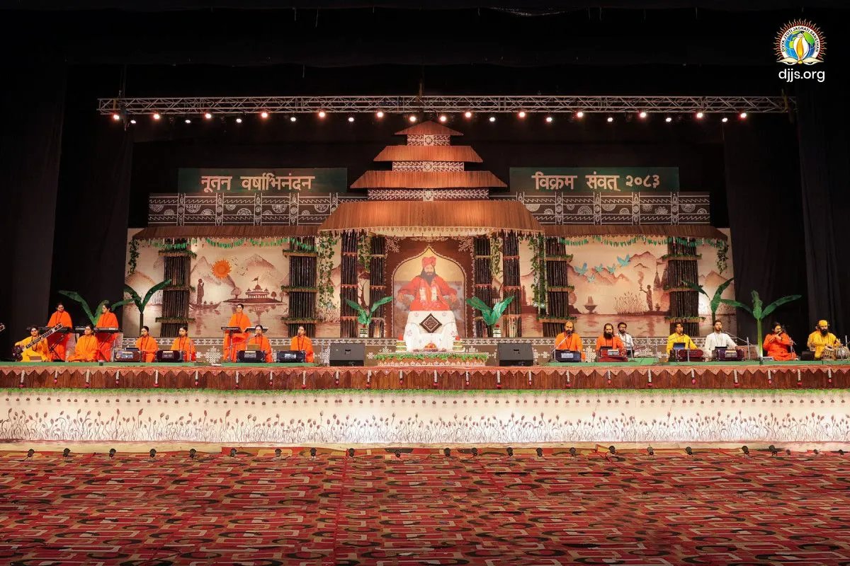 The stage for Bhartiya Nav Varsh, Vikram Samvat 2083, at Divya Dham Ashram
